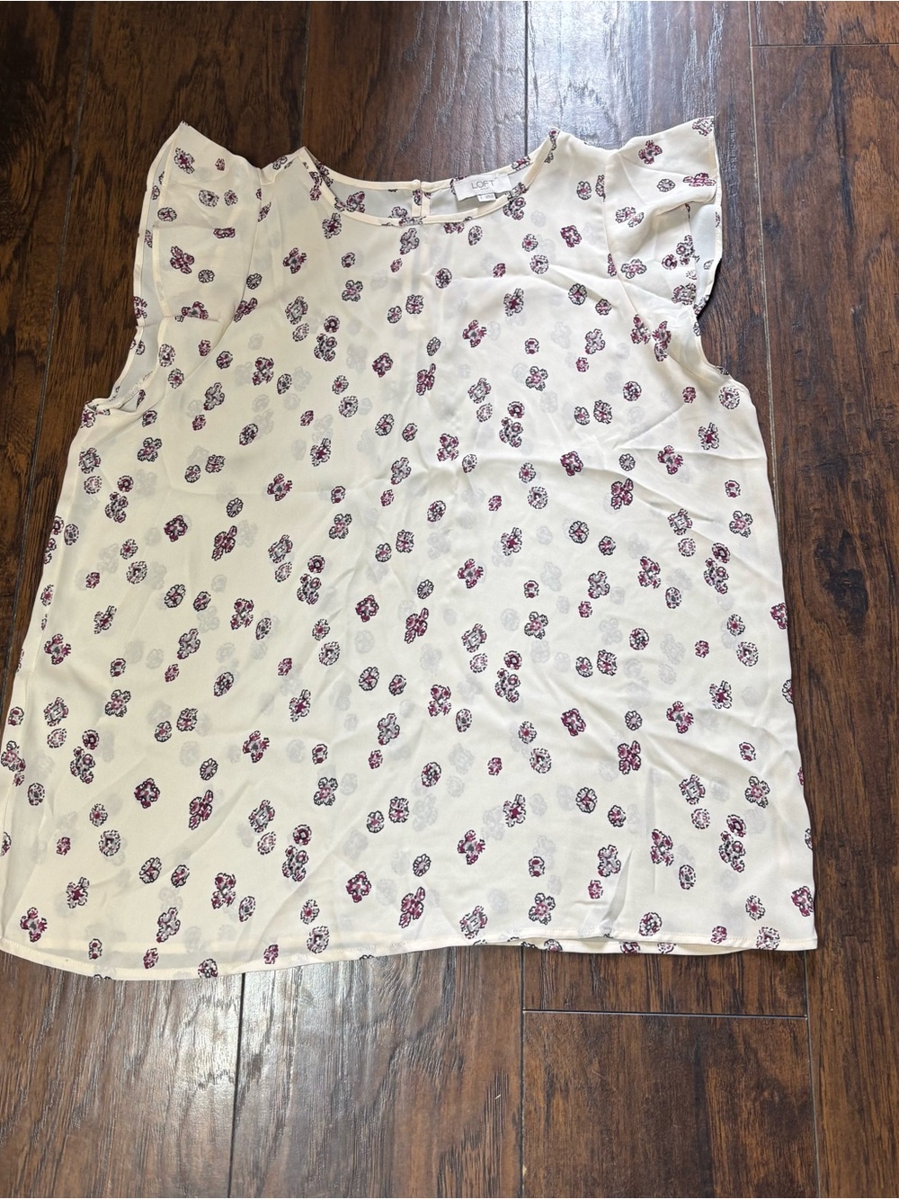 LOFT Outlet Floral Print Flutter Sleeve Women's Top in Cream and Plum Size Large